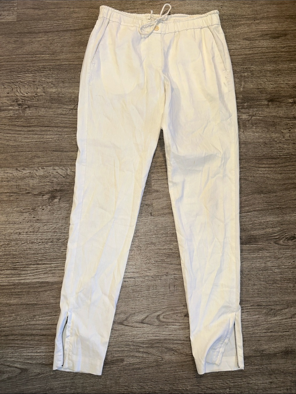 Theory Linen Blend Drawstring Jogger Pants Off White Zip Ankle Size Small